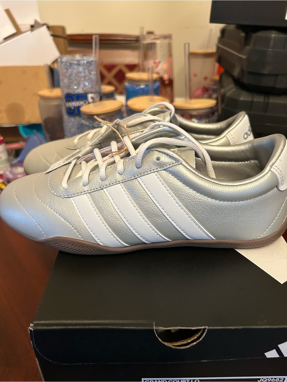 Women’s adidas Metallic Silver and White Low-Profile Sneakers